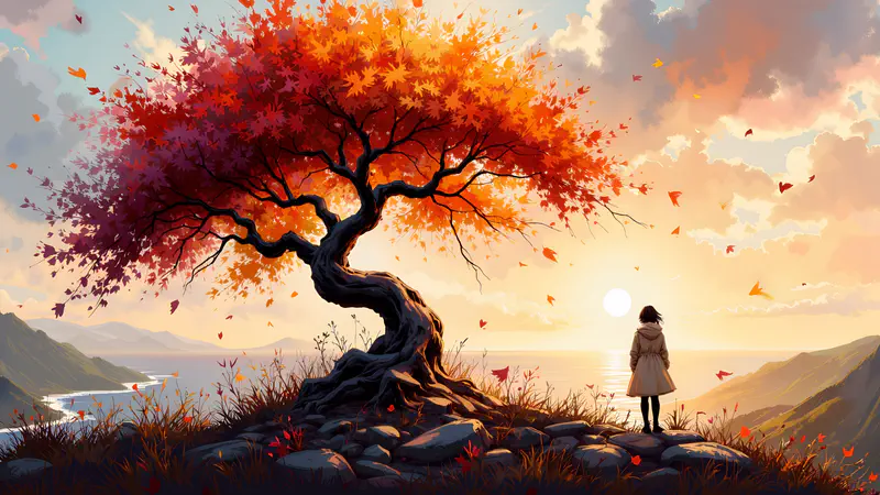 A woman standing under a brilliant red tree.