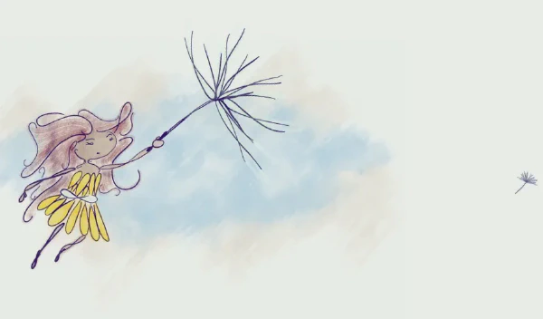 An illustration of a girl holding a dandelion, with seeds blowing in the wind.